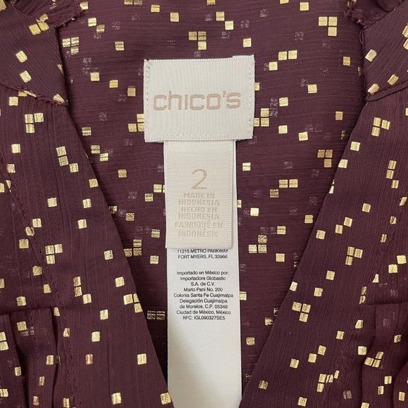 Chico's Shirt Womens Size 2 (Large) Maroon Metallic Gold Sheer Lightweight Top - Picture 4 of 8